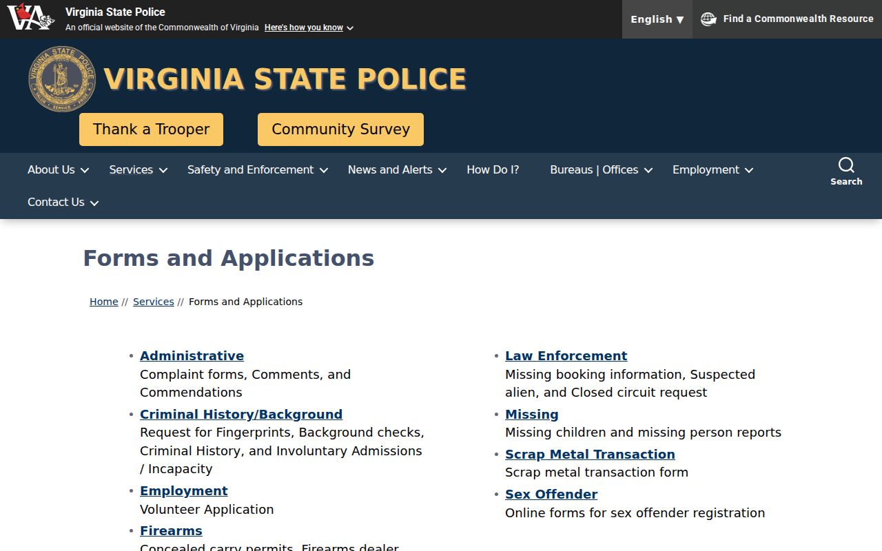 Patrick County sex offender registry forms from Virginia State Police