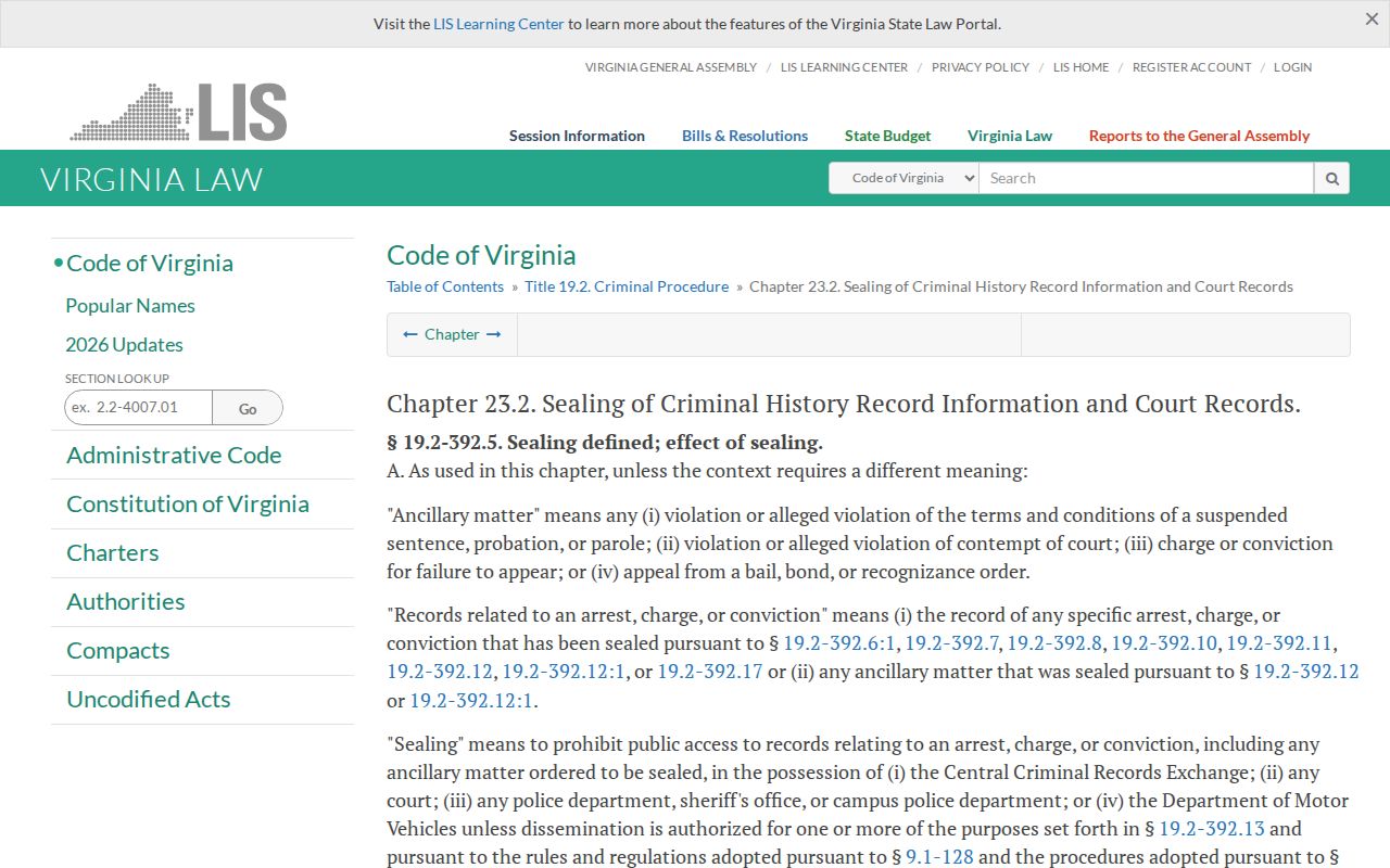 Stuart criminal records under the Virginia sealing chapter
