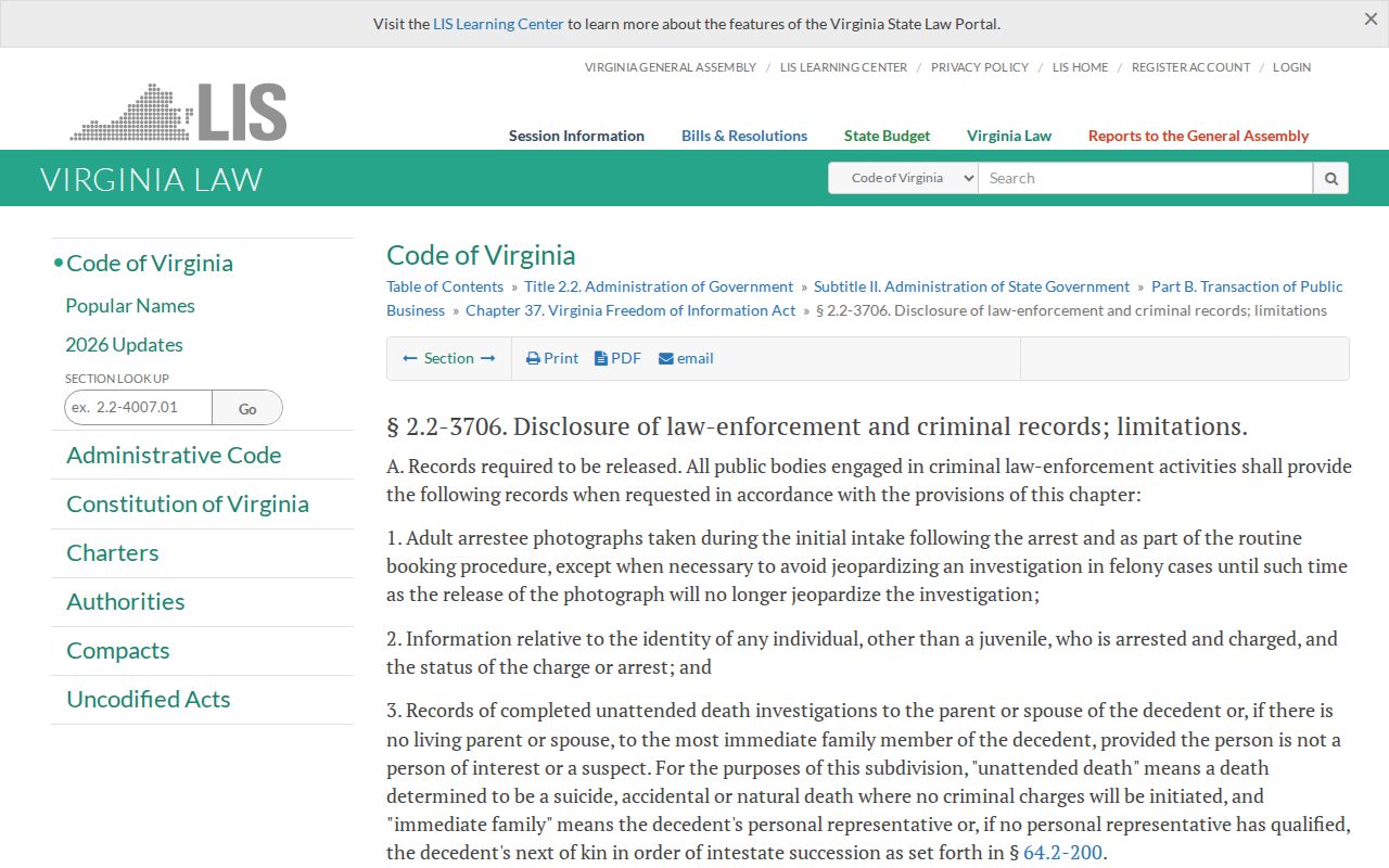 Stuart criminal records and Virginia law enforcement disclosure rules